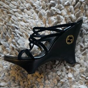Gucci Black Strappy Wedge Sandals